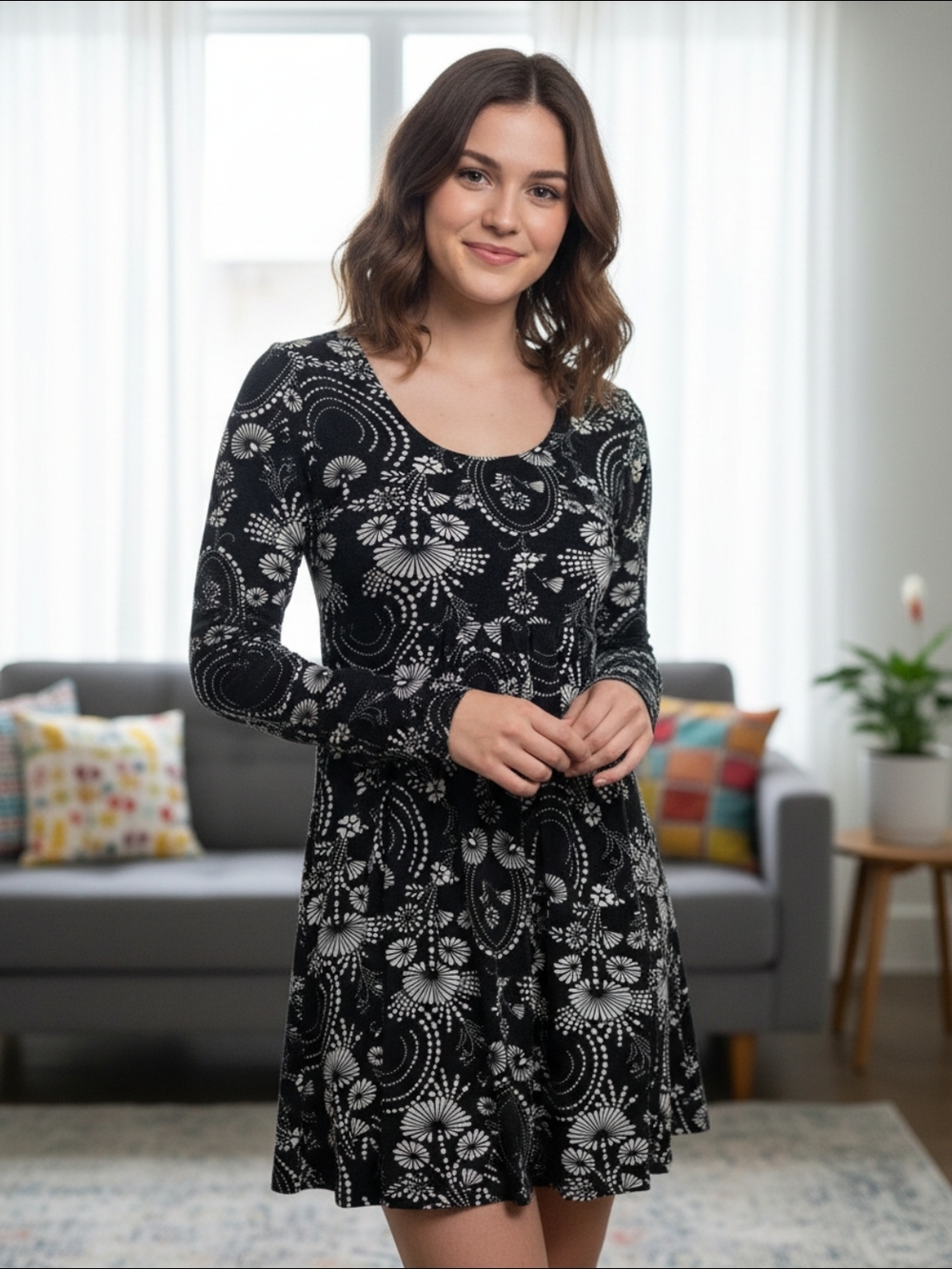Classic Black Floral-Print Long Sleeve Scoop Dress